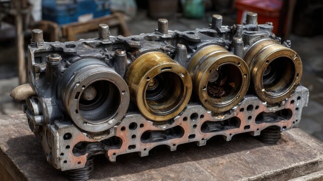 Stunning photo of cylinder head of an internal combustion engine with four cylinders.