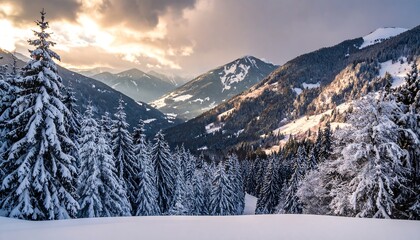Snowy mountain range at sunset