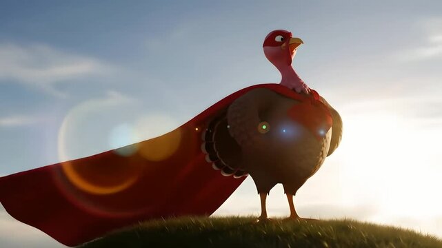 Super Turkey stands on hill, red cape blowing in the wind. Animation for Thanksgiving promotions, hero concepts, holiday greetings, save the turkeys, funny character designs.