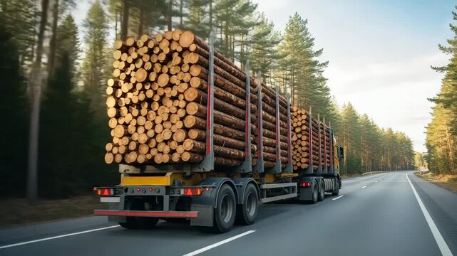 A logging truck carrying a load of timber on a forest road on a sunny day