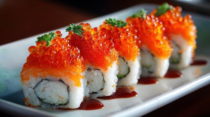 Stunning photo of delicious tobiko sushi rolls served on a white plate in a restaurant.