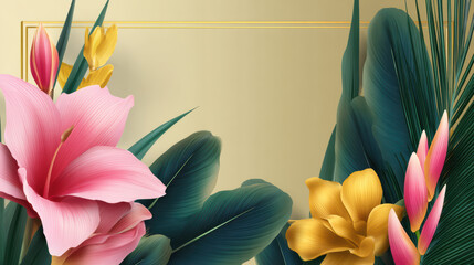 An elegant tropical floral arrangement features vibrant pink hibiscus and yellow blossoms with lush green palm leaves against a soft, neutral backdrop for a serene vibe.