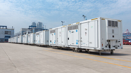 Row of refrigerated shipping containers, white in color, lined up in an industrial area beneath a blue sky and sparse clouds.