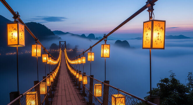 Magical Suspension Bridge with Lanterns Floating Above Misty Mountains at Twilight
A spectacular, high-angle view of a wooden suspension bridge adorned with a series of traditional glowing lanterns

