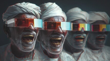 Elderly man with futuristic glasses, holographic visor, and diamond teeth, in a blend of traditional and high-tech elements