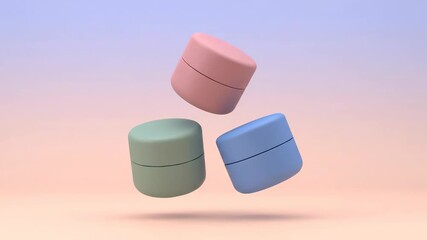 Minimalist pastel cosmetic jar product display animation featuring three floating round containers for beauty and skincare advertising - Powered by Adobe