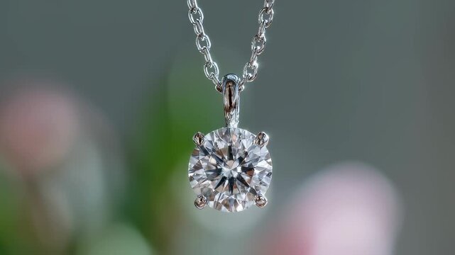 Medium shot of a sparkling labgrown diamond necklace main jewel in sharp detail while surroundings blur softly for an elegant mindful vibe.