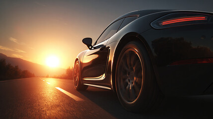 Sleek sports car speeding down an open road with a blazing sunset, capturing the essence of performance and freedom.