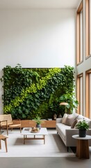 Modern eco-friendly living room with lush vertical green wall. Minimalist interior featuring white sofa, wooden furniture and natural light