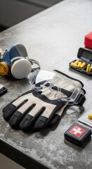 Fototapeta premium Workplace safety gear on gray workbench: respirator mask, protective goggles, leather gloves, earplugs, and first aid kit for industrial protection