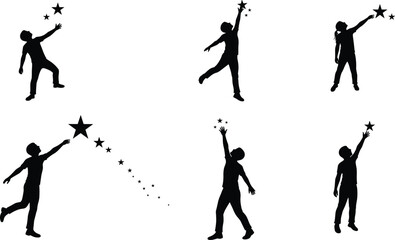 Christmas zombie children silhouette, kids reaching stars, dream aspiration concept, black shadow illustration, hope ambition design, fantasy imagination art vector