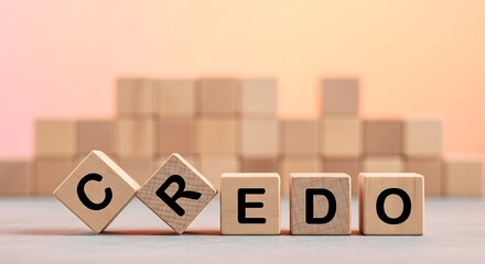 Wooden Blocks Spelling Out Credo In Front of a Stack of Cubes Against a Soft Orange Background Symbolizing Beliefs Principles and Core Values
