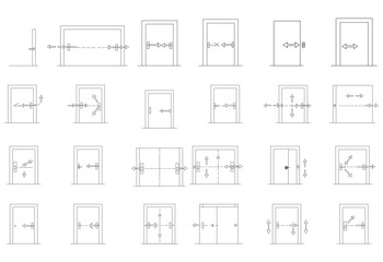 Architectural drawings showcasing various types of doors and their opening mechanisms