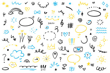 Hand drawn simple doodle elements. Grunge underlines, icons, emphasis, speech bubbles, arrows and shapes collection. Vector illustration isolated on white background