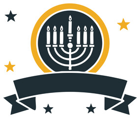 Hanukkah Menorah with Candles Celebration, Jewish holiday Symbol with Stars and Dark Ribbon for Text