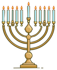Golden Menorah with Eight Lit Candles and a Shamash Ignited for Hanukkah Celebration