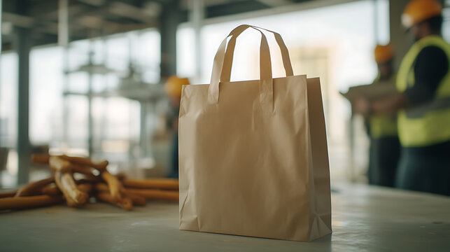 Brown paper bag on a surface at a construction site. Hard hats and safety vests in the background. Worksite lunch break concept.