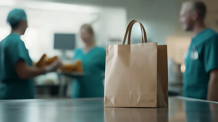 A paper bag sits on a counter in a medical setting with medical professionals visible in the background, suggesting a food or supply delivery for the staff.