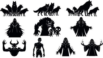 Dark fantasy silhouette collection, hooded figures, wolves howling, demons and monsters, horror character design, eerie supernatural theme, black shadow illustration