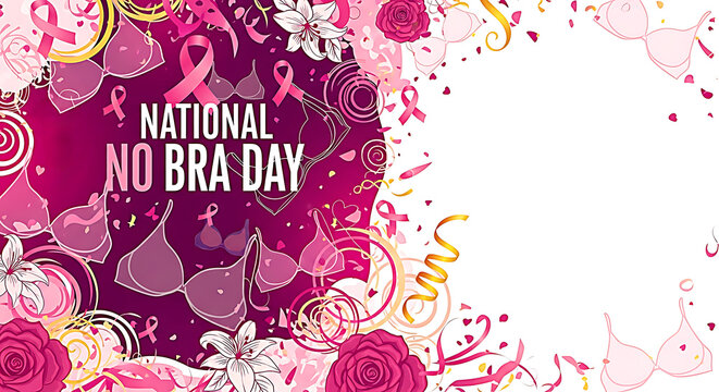National No Bra Day pink ribbons bras flowers and confetti illustration breast cancer awareness - Powered by Adobe