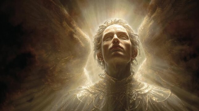 Over Mary&rsquo;s shoulder, cinematic view of the Archangel Gabriel, androgynous figure composed of shimmering, pure light, radiating power, divine presence, and ethereal atmosphere.