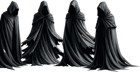 Dark hooded figures illustration, mysterious cloaked specters, black robes with tattered edges, fantasy horror concept, ominous group design, faceless shadow beings