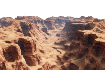 Expansive desert canyon with deep valleys showcasing rugged rock formations under a bright sky
