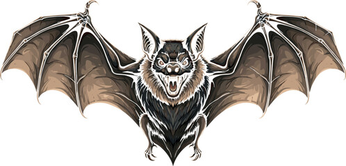 Detailed bat illustration, symmetrical wings spread, fierce expression and sharp teeth, gothic wildlife art, natural color palette, fantasy horror theme