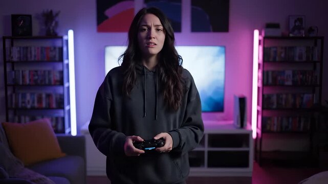 A woman stands in a dimly lit room, holding a game controller with both hands. The woman focuses on the game controller, surrounded by neon lights and shelves. - Powered by Adobe