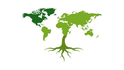 World Map as a Tree with Roots on White Background