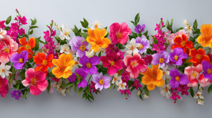 A vibrant floral arrangement showcases a colorful mix of flowers including pink, orange, purple, and white blooms with lush green foliage on a soft gray background.