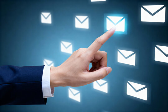 Hand selecting an email icon on a digital interface