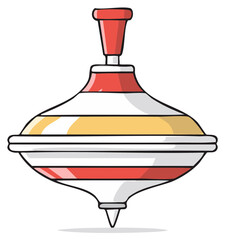 Colorful spinning top toy with red, white, and yellow stripes, isolated on a white background.