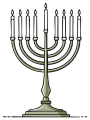 Illustration of a Chanukah Menorah with nine lit candles on a white background