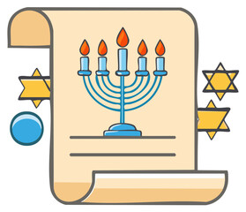 Festive Hanukkah Scroll with Traditional Menorah, Stars of David and Dreidel Illustrations for Holiday Celebration