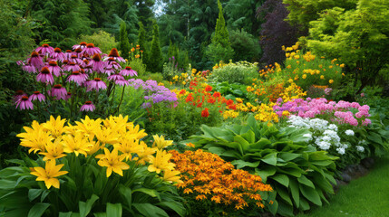 Fototapeta premium A vibrant flower garden bursts with color from yellow tulips, orange lilies, pink coneflowers, and other assorted blooms, creating a lush and beautiful landscape.