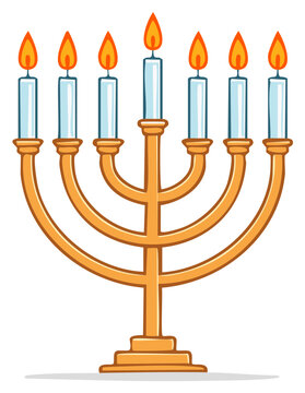 Traditional golden menorah with seven lit candles religious symbol illustration