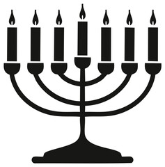 Lit seven-branched menorah silhouette icon, ancient Jewish temple religious symbol