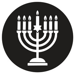 Menorah in Circle Illustration, White Religious Symbol on Black Background