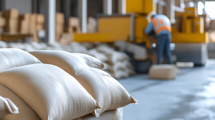 Sacks of material at a warehouse facility with worker and machinery in the background. Manufacturing and distribution industry, supply chain process.