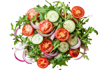 Fresh salad composition with vibrant colors and healthy ingredients served on a rustic wooden table