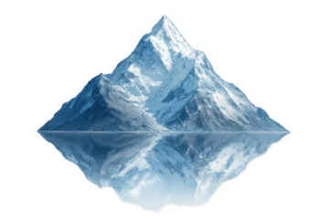 Snow mountain peak reflecting in calm water transparent background