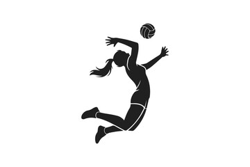 Female Volleyball Player Jumping to Spike Ball Silhouette Monochrome Sports Vector Isolated on White