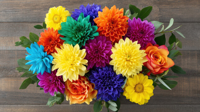 An eye-level view reveals a vibrant and colorful floral bouquet of dahlias and roses arranged on rustic wooden planks bing beauty and charm together perfectly.