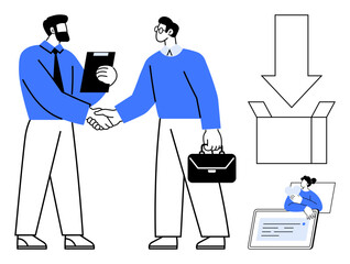 Two professionals shaking hands, document clipboard, briefcase, open box, download arrow, and tablet. Ideal for teamwork, business solution, collaboration digital tools workflow partnership