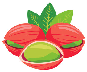 Illustration of red nuts with green kernels and leaves isolated on white background