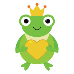 Obraz premium Green frog wearing crown holding golden heart cartoon