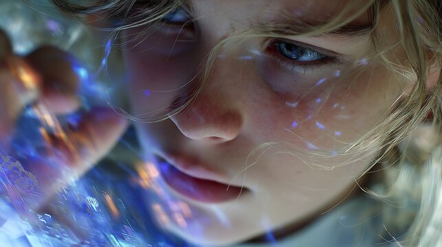 A young woman in a futuristic office, illuminated in blue and purple light, interacts with a holographic AI icon. Data streams swirl around her, highlighting innovation and technology