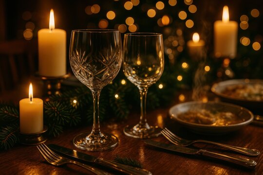 Elegant dining table set for a festive meal with candles and decorated backdrop.