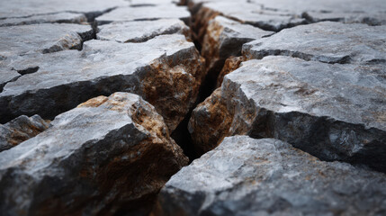 A large fissure divides fractured sedimentary rock, revealing lighter interior stone and creating a sense of geological instability in this detailed close up shot.